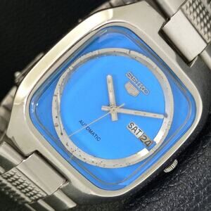 Vintage 1988 Seiko Square Automatic Mens Silver Watch W/daydate & Blue accents